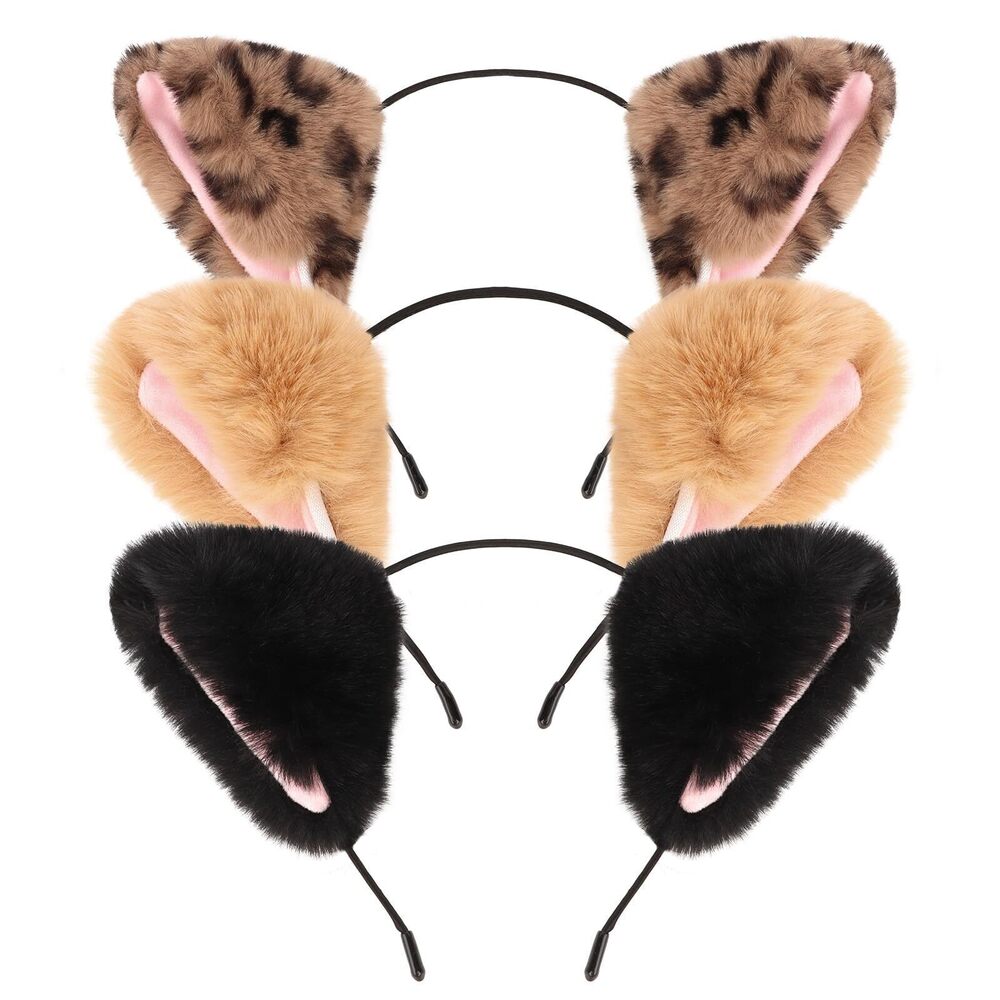 3654 3Pcs Fox Ears Headband Leopard Print Ear Faux Fur Ears for Party